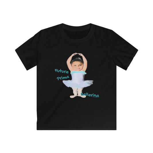 The front view of a Black tee shirt with a charachature of a little ballerina pictured with Future Prima Ballerina written in Blue