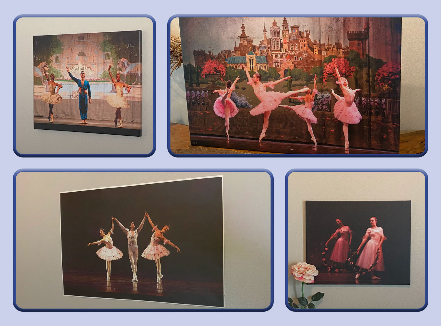 4 photos of dance art paintings of dancers performing on stage
