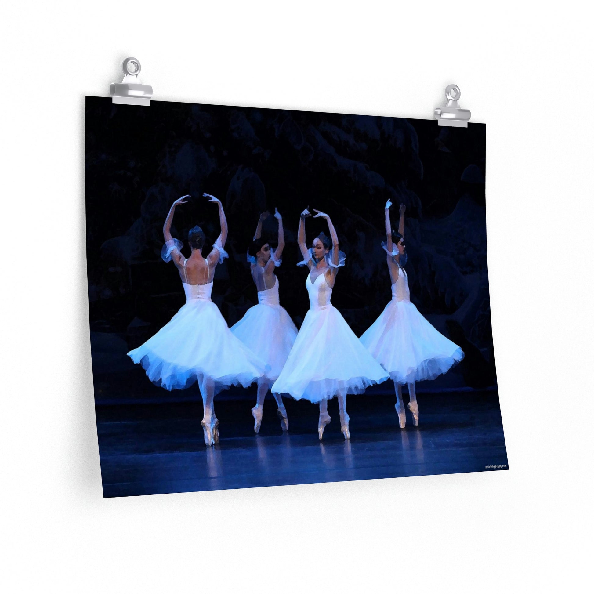 four dancers en pointe with white flowing costumeson a premium matte poster.