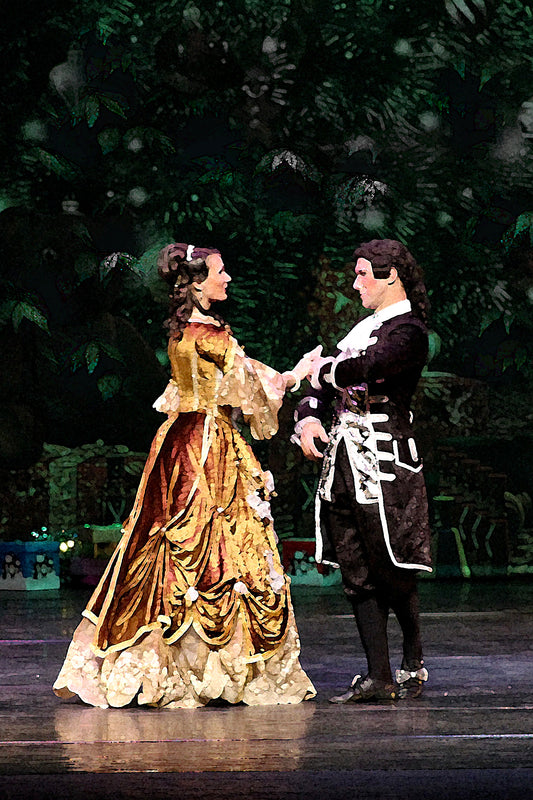 dance performance on stage of 2 dancers dressed in Victorian costumes gold and black