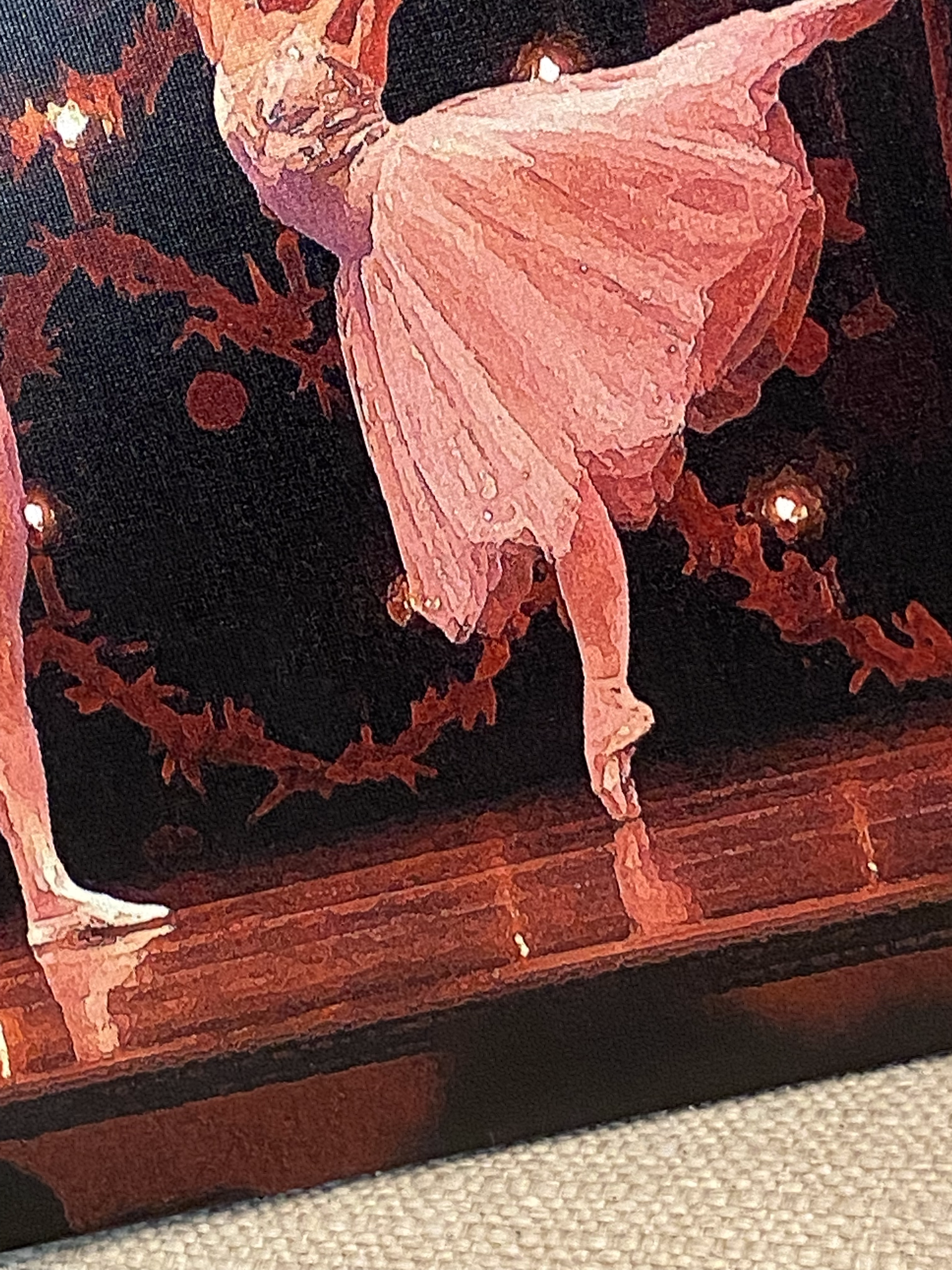 detail section of an oil painting on canvas stretched on a wooden frame of ballerina legs