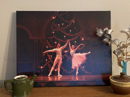 Stretched canvas Oil painting of a couple dancing ballet on stage with a Christmas scene backdrop in the Nutcracker Ballet. Digital Download #0338 used to produce this canvas print.