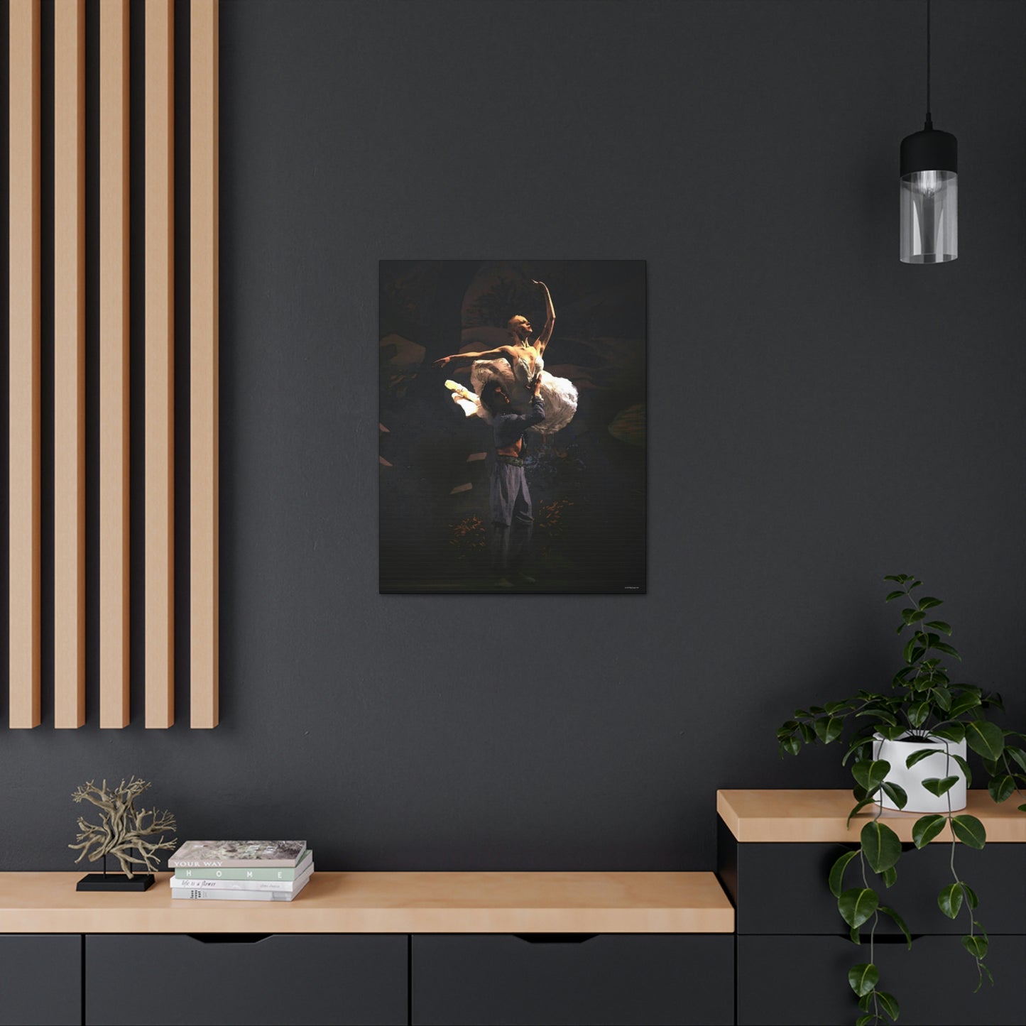 a ballet dance art painting hanging on a dark wall of a couple performing on stage on a dark backdrop of him lifting her in a dramatic pose