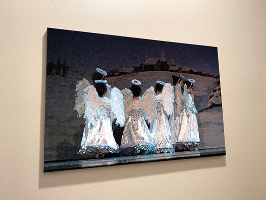 watercolor painting hanging on a wall of children in angel costumes with a winter scene backdrop