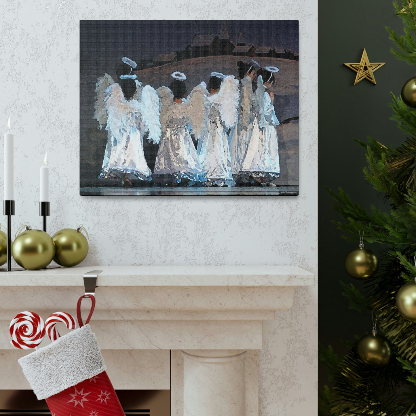 watercolor painting hanging on a wall over a fireplace of children in angel costumes with a winter scene backdrop 