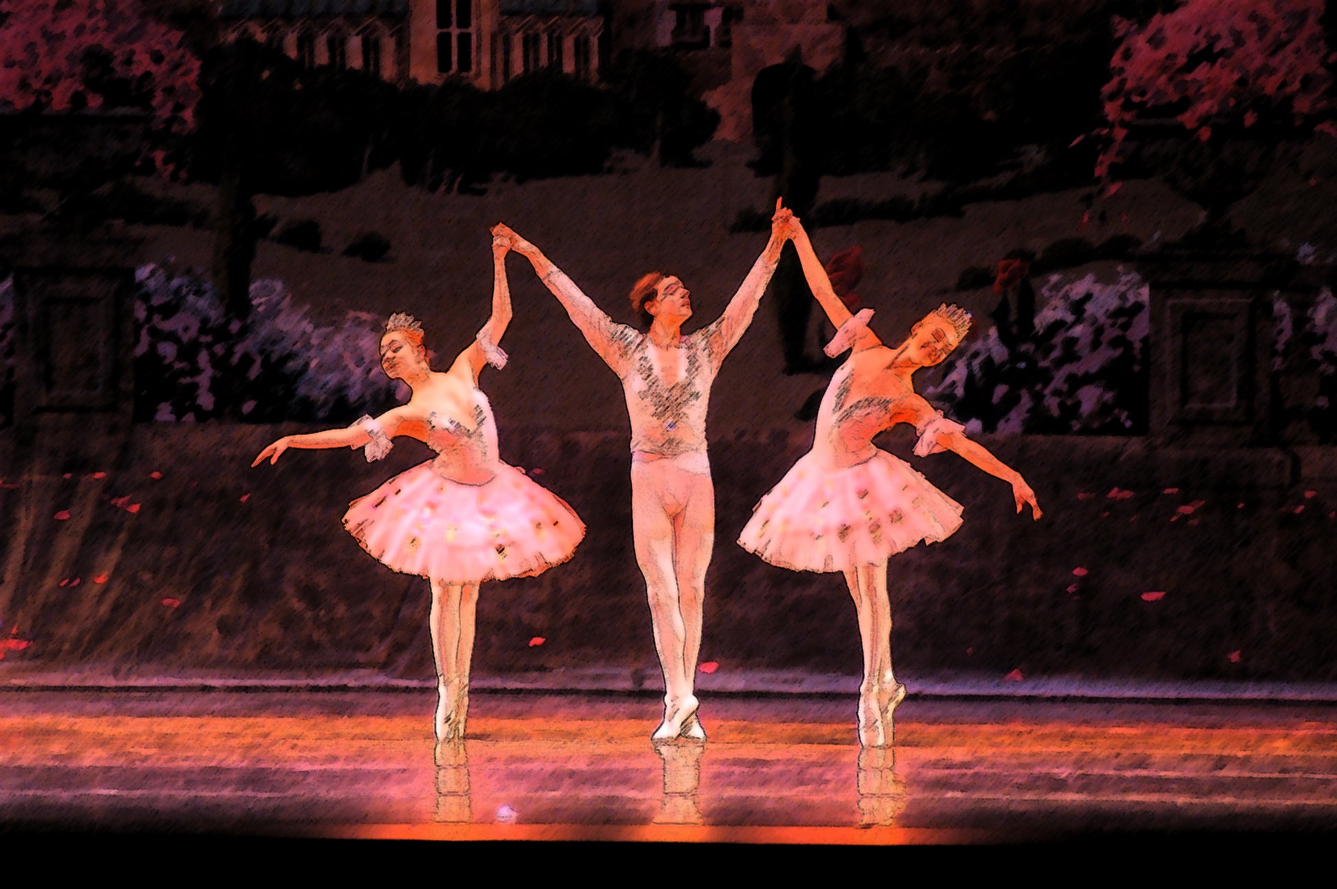 sketch of 3 dancers performing on stage holding hands