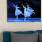 a photo of a painting in a home setting of three ballerinas performing on a stage dressed in white casting hues of blue