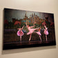 A painting hanging on a wall of Four ballerinas dancing in a circle on stage with a castle backdrop dressed in pink
