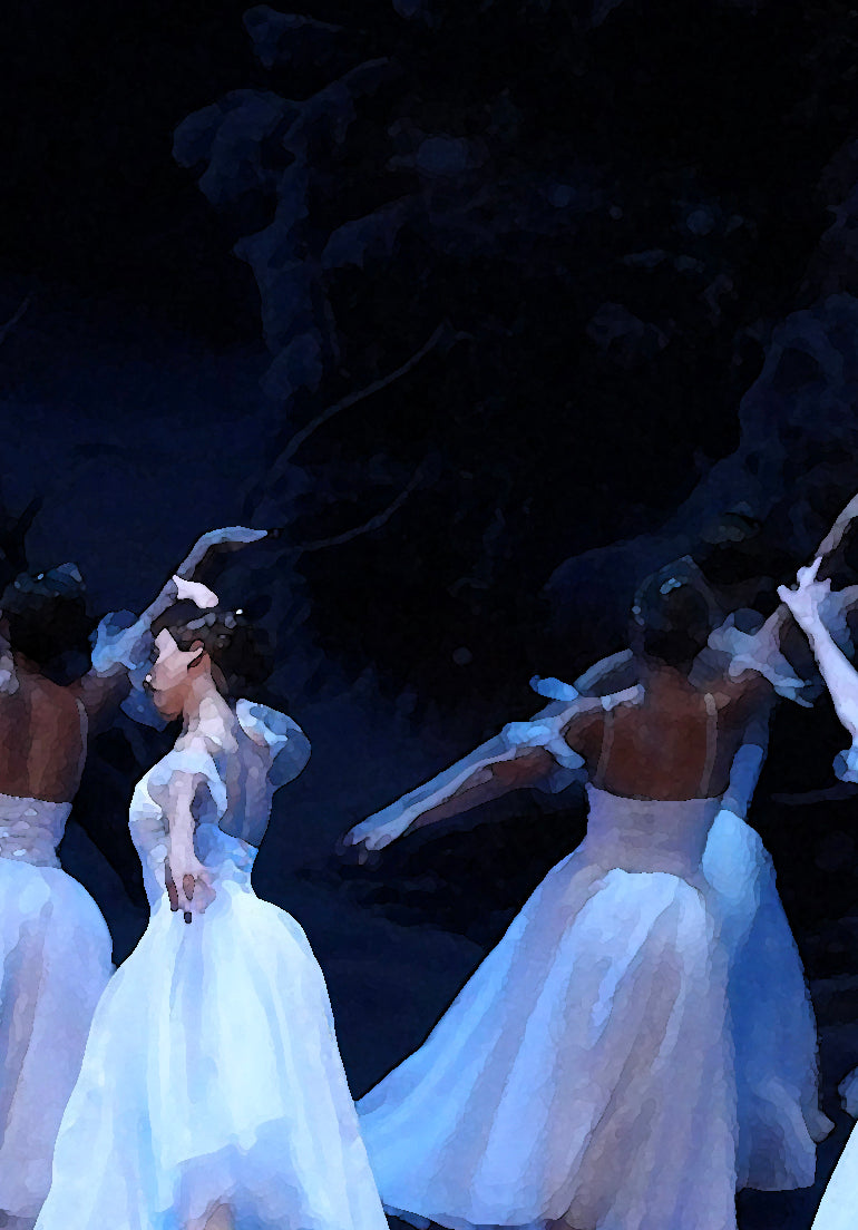 detail section of ballerinas dressed in white performing on stage