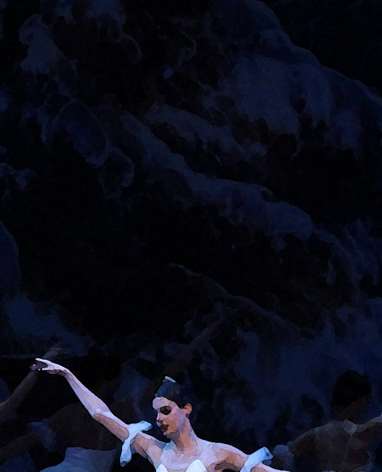 detail section of the painting showing the dark winter backdrop and ballerina face and arm