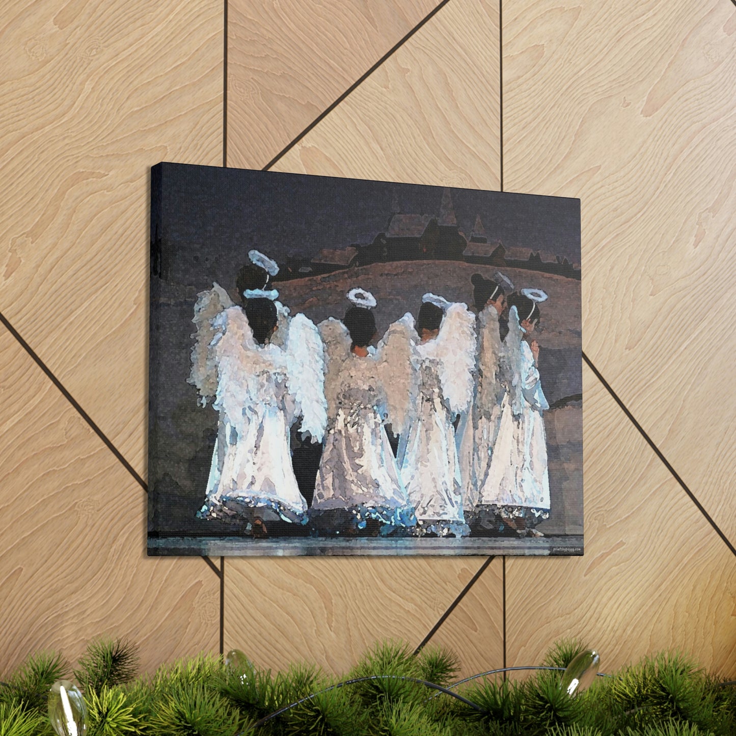 watercolor painting hanging on a wooden wall of children in angel costumes with a winter scene backdrop  