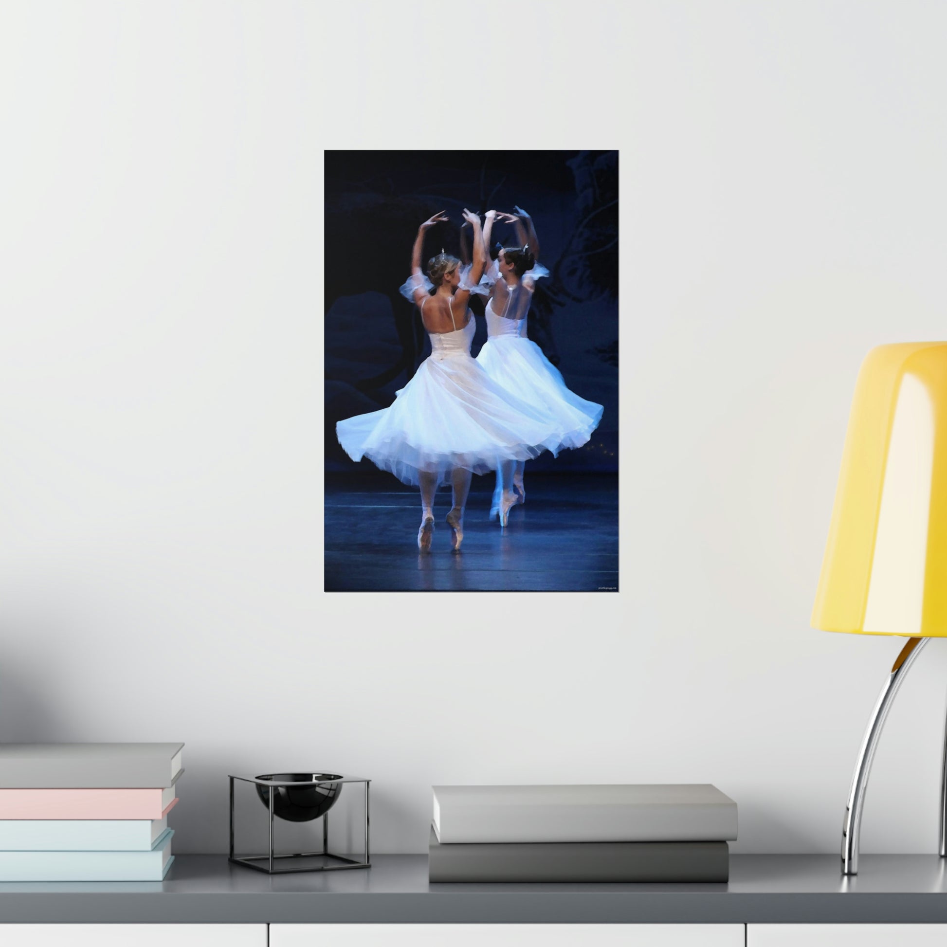 two ballerinas in white flowing costumes with a dark background premium matte poster.