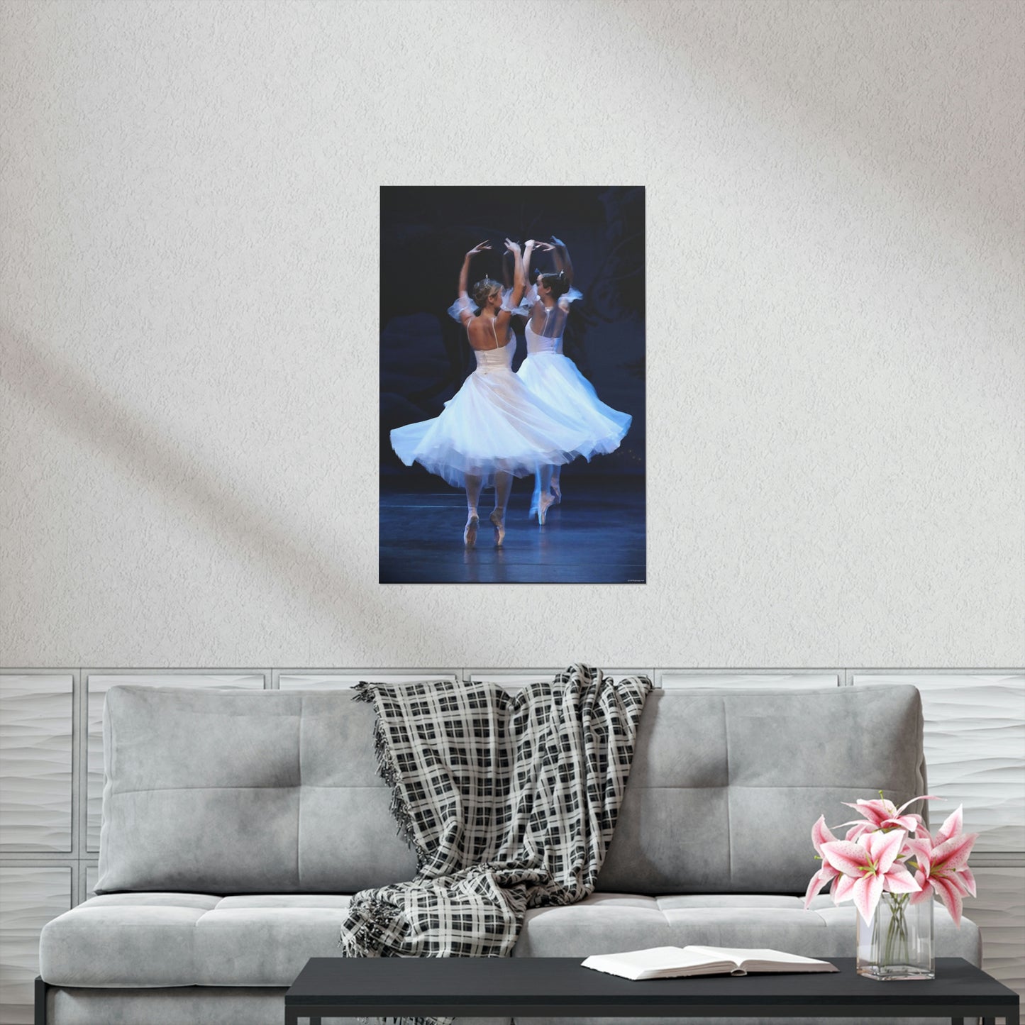 two ballerinas in white flowing costumes with a dark background on a premium matte poster