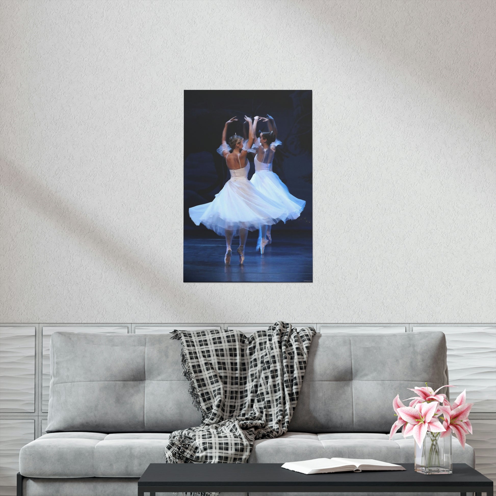 two ballerinas in white flowing costumes with a dark background on a premium matte poster