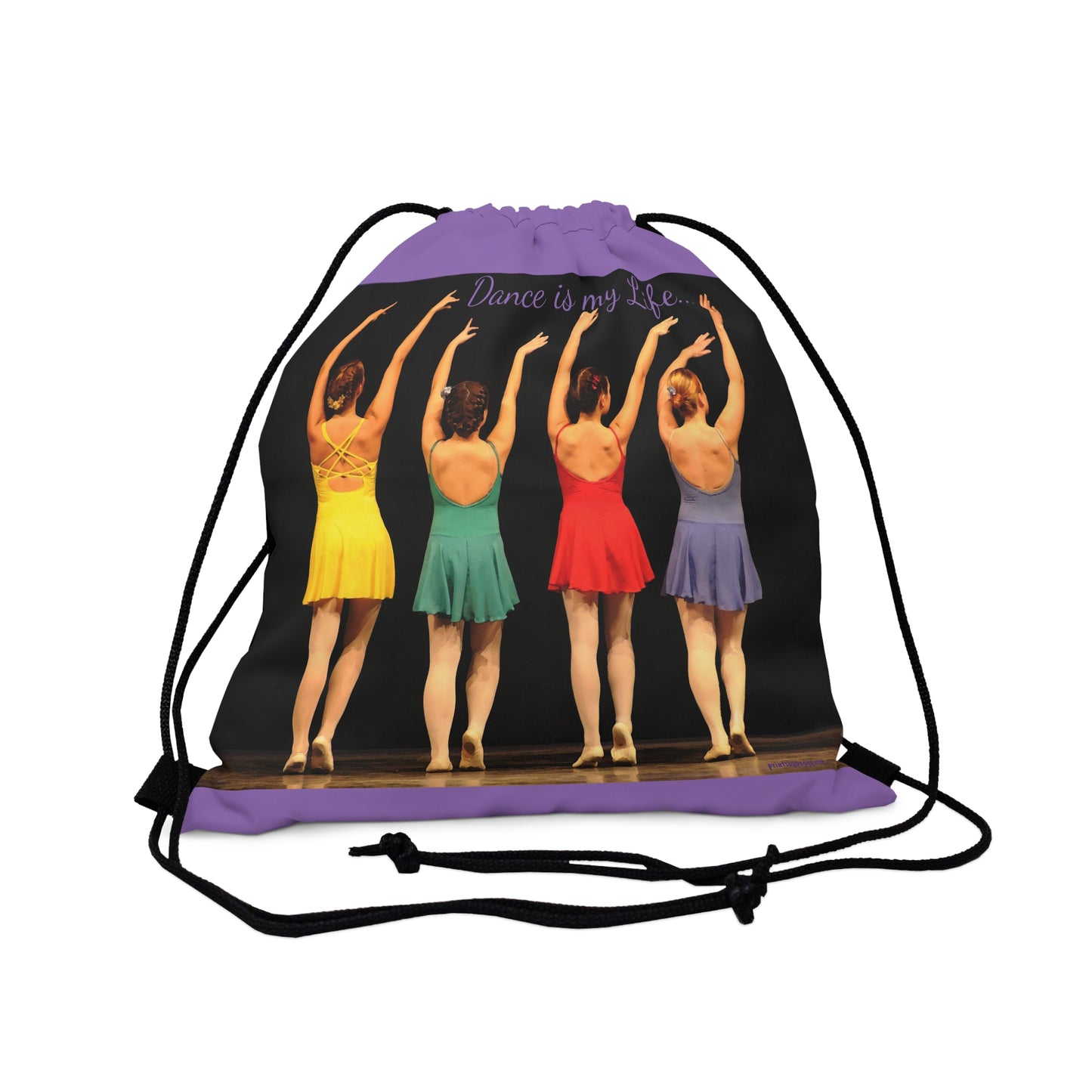 purple drawstring bag with modern dancers in multicolored costumes text says Dance is my life