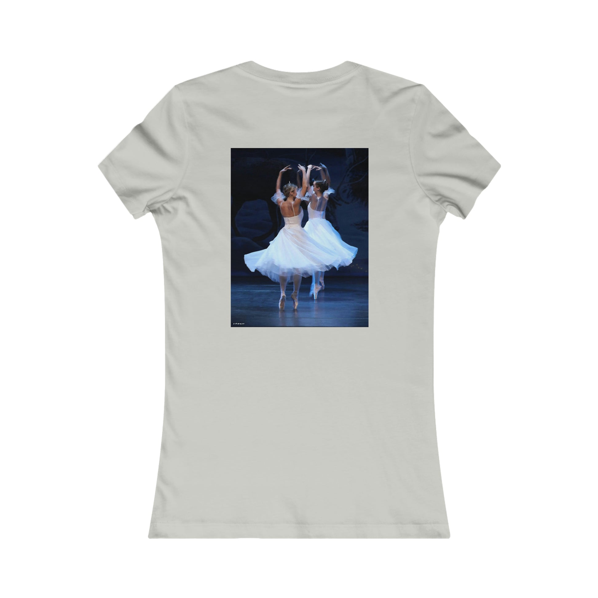 back view of the light gray tee shirt with two ballerinas pictured spinning on a stage in white dresses