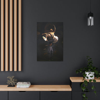 a ballet dance art painting on a dark gray wall of a couple performing on stage on a dark backdrop of him lifting her in a dramatic pose