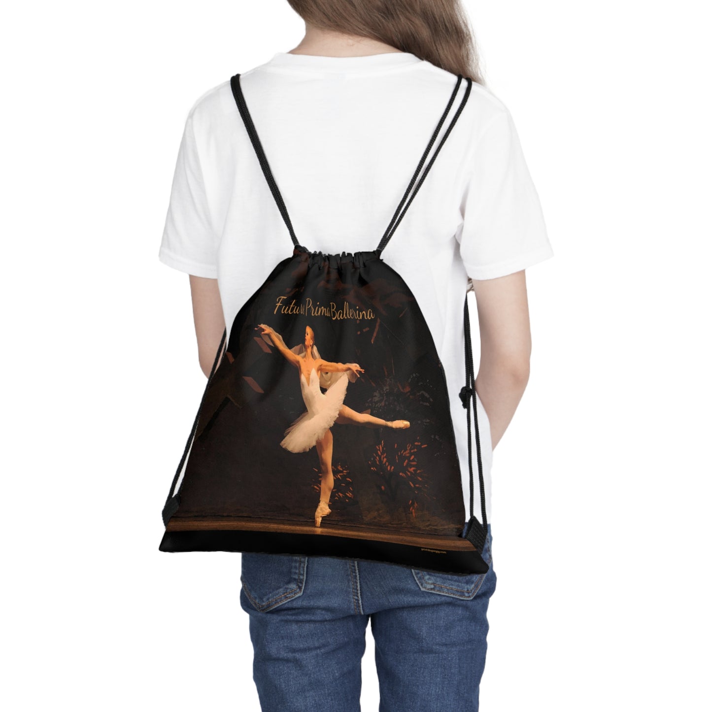 black drawstring bag with the text Future Prima Ballerina in cursive with a ballet dancer en pointe in a full arabesque with a white tutu.