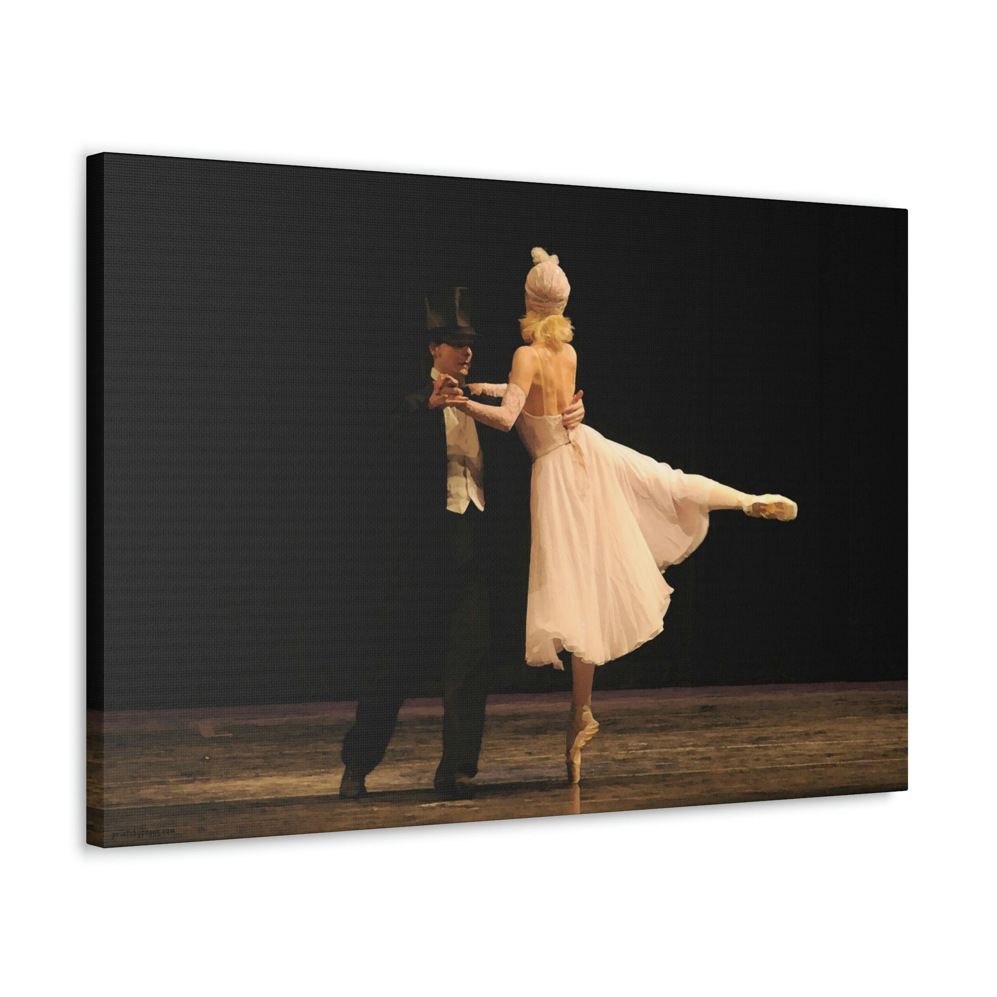 Artwork of Ballet dance couple dressed in Tuxedo and Roaring 20's style costumes performing on stage with a dark background shown in a rectangular shape.