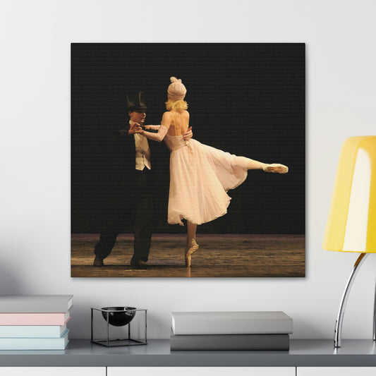 Square Artwork hanging on the wall over a desk of a Ballet dance couple dressed in Tuxedo and Roaring 20's style costumes performing on stage with a dark backdrop.