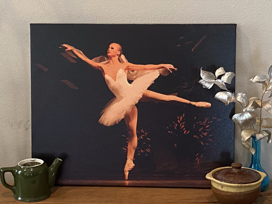 Painting of Prima ballerina in white performing on stage with a dark background 