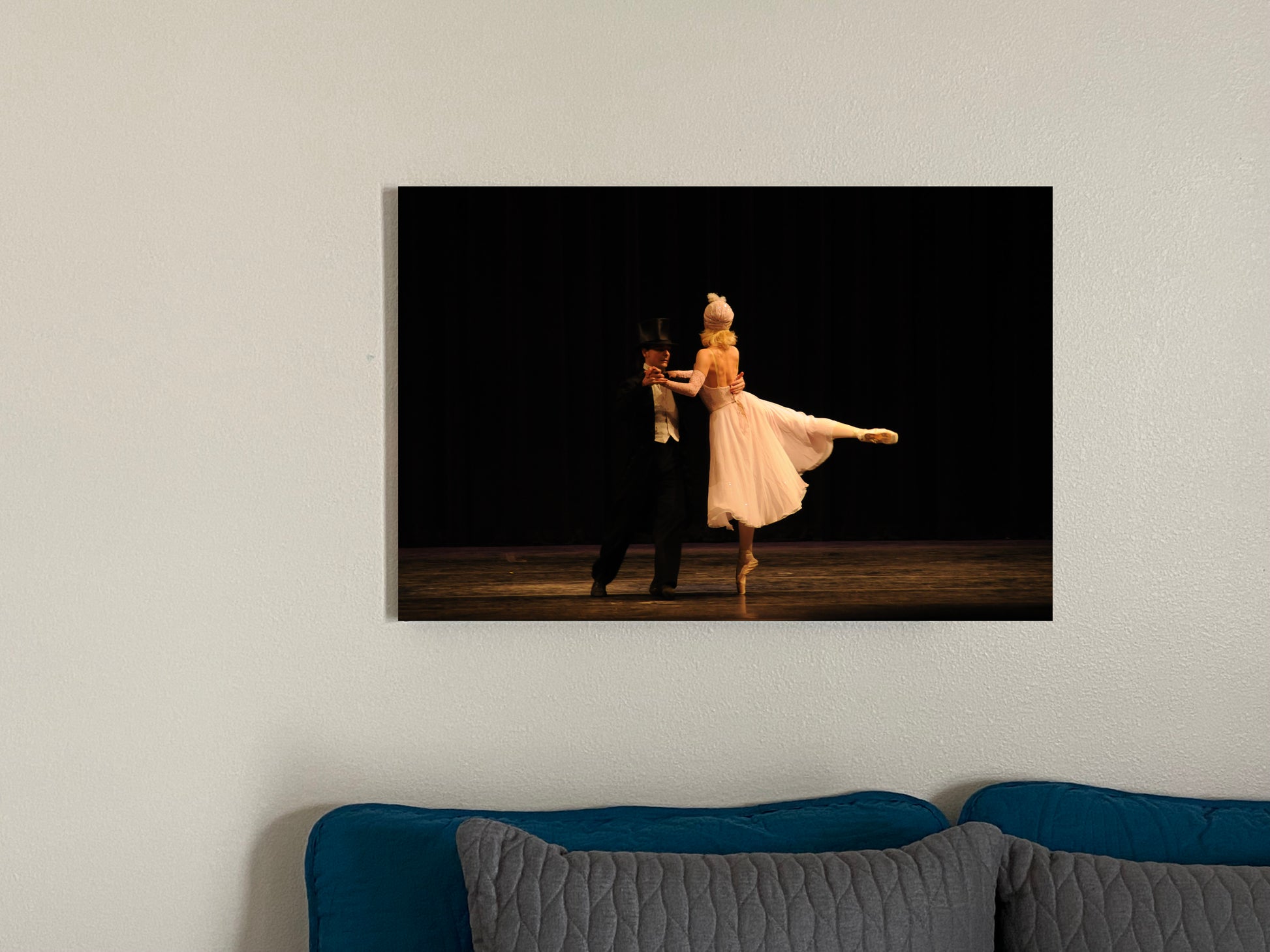 Artwork of Ballet dance couple dressed in Tuxedo and Roaring 20's style costumes performing on stage with a dark background