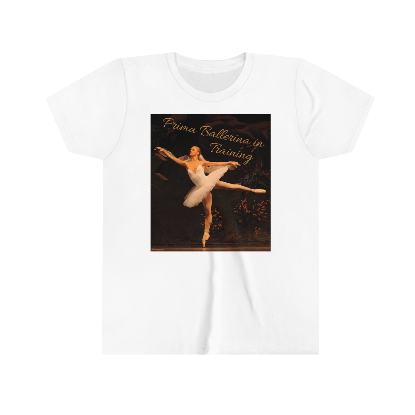 white tee shirt with a ballerina pictured and text saying 'Prima Ballerina in Training'