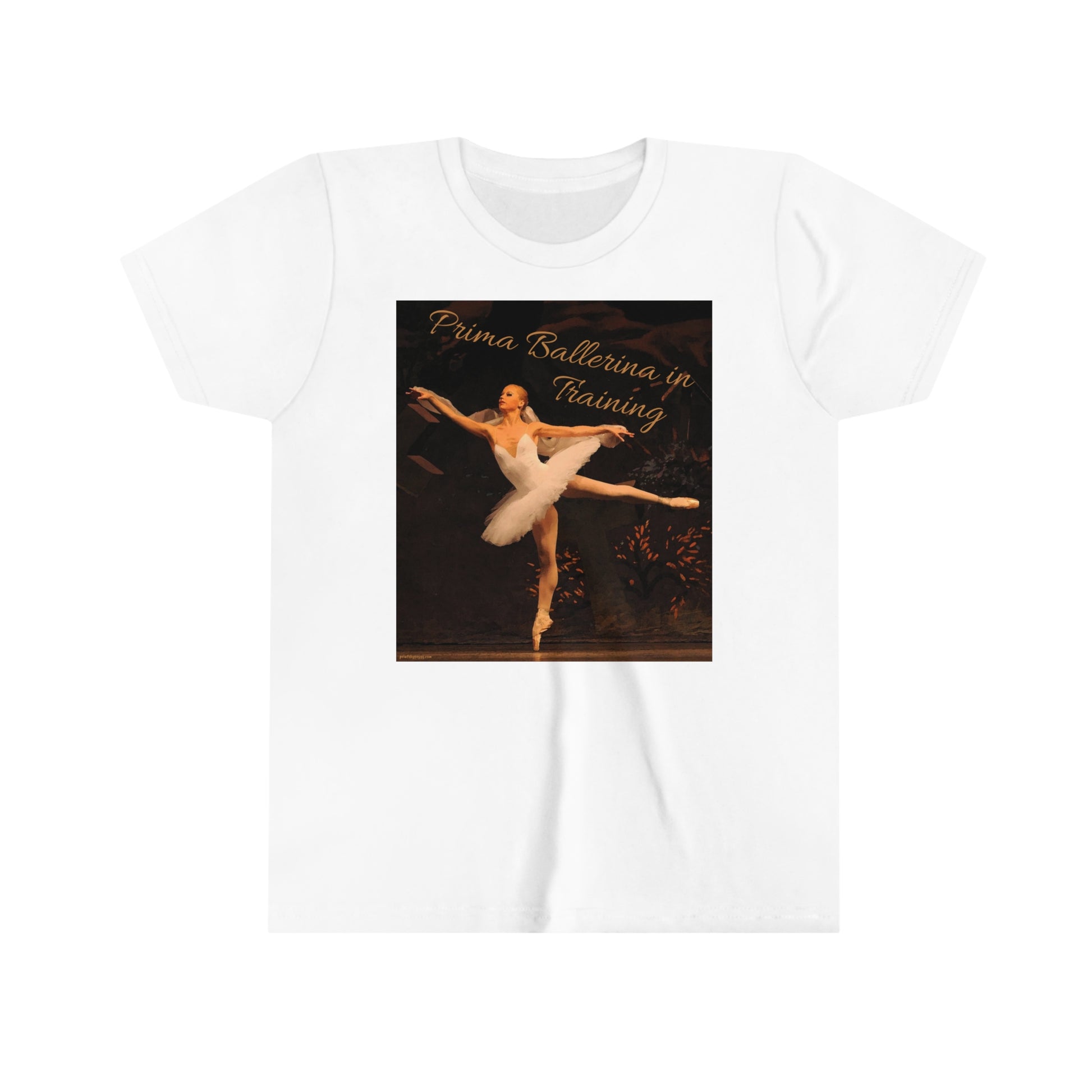 white tee shirt with a ballerina pictured and text saying 'Prima Ballerina in Training'