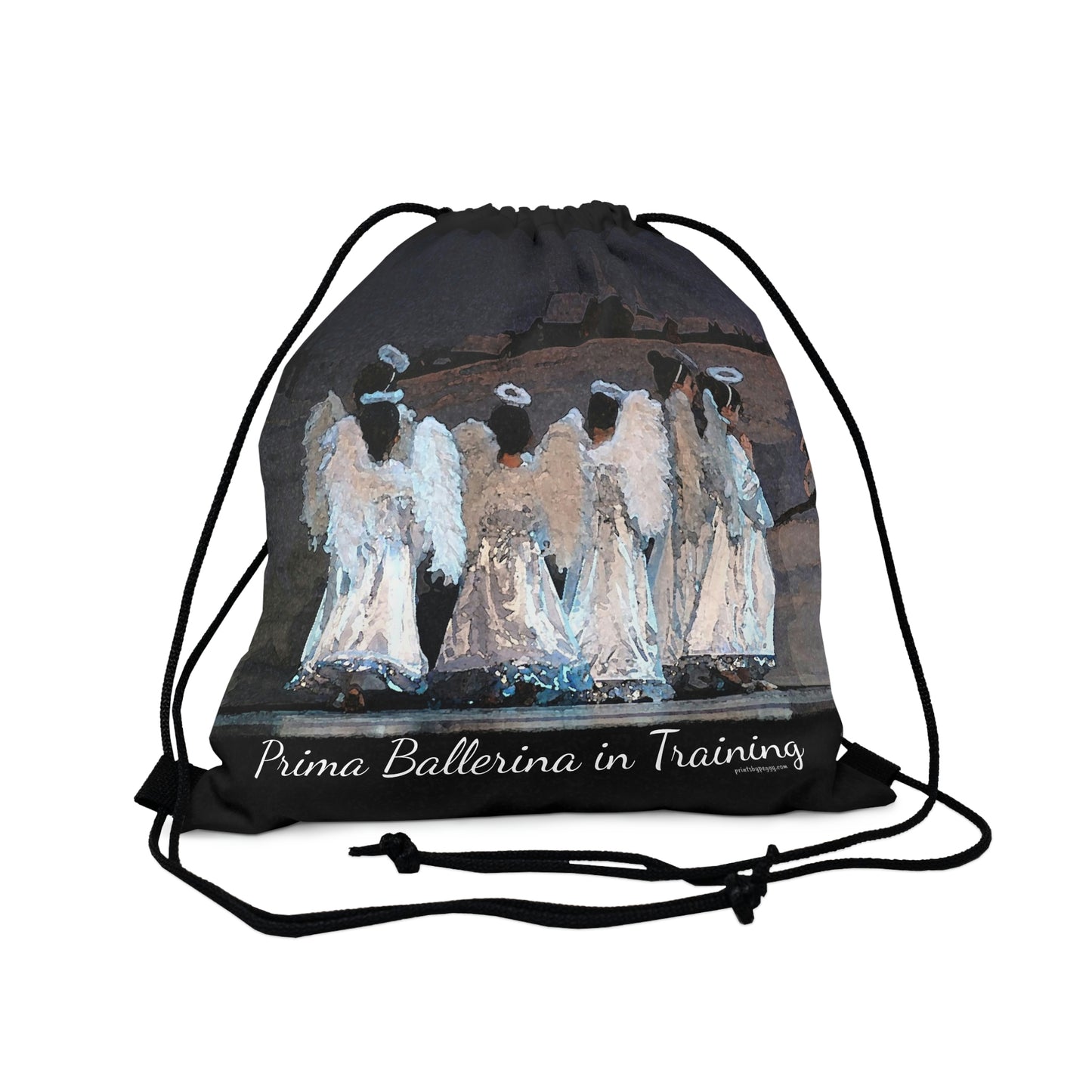 black drawstring bag with the text Prima Ballerina in Training written at the bottom with several youth dancers dressed in white as angels in the Nutcracker.