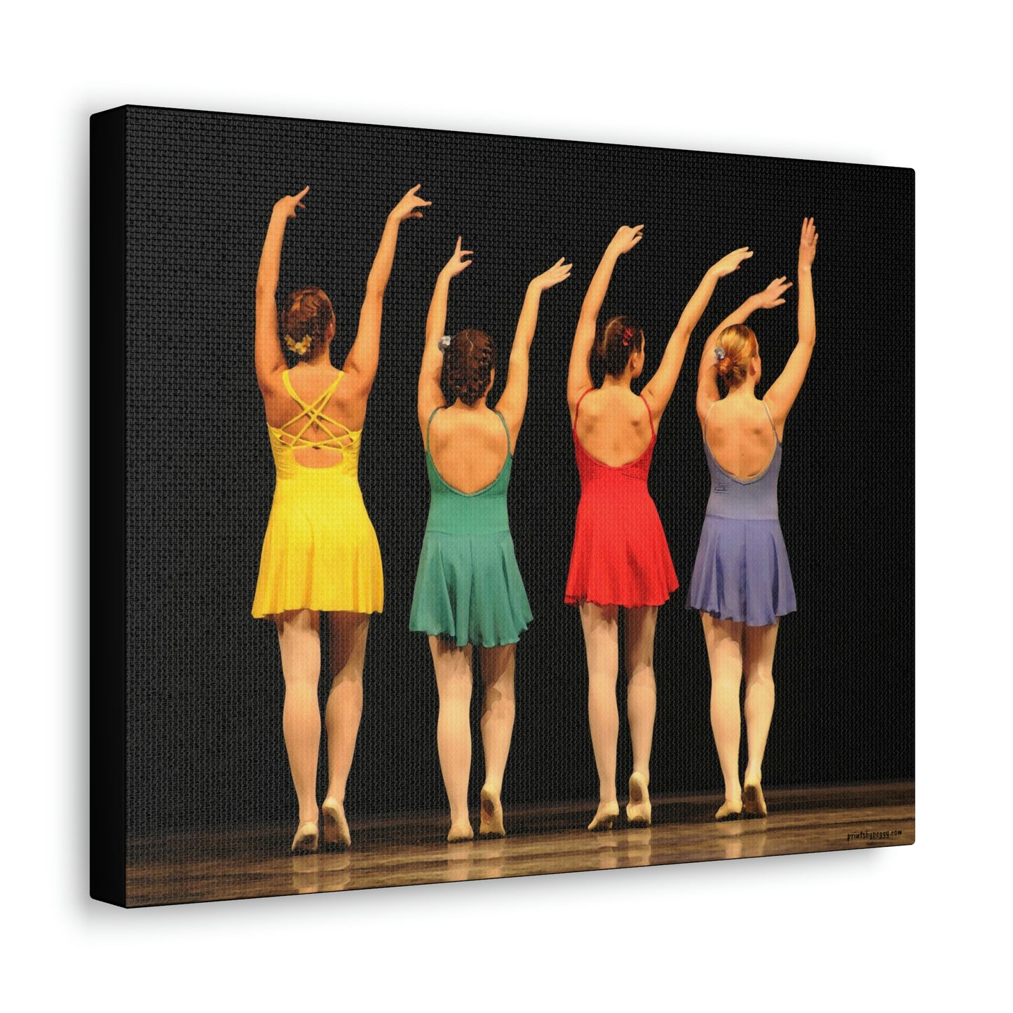 Art image hanging on the wall in a home setting of a painting of four modern dancers from the rear on stage in bright costumes