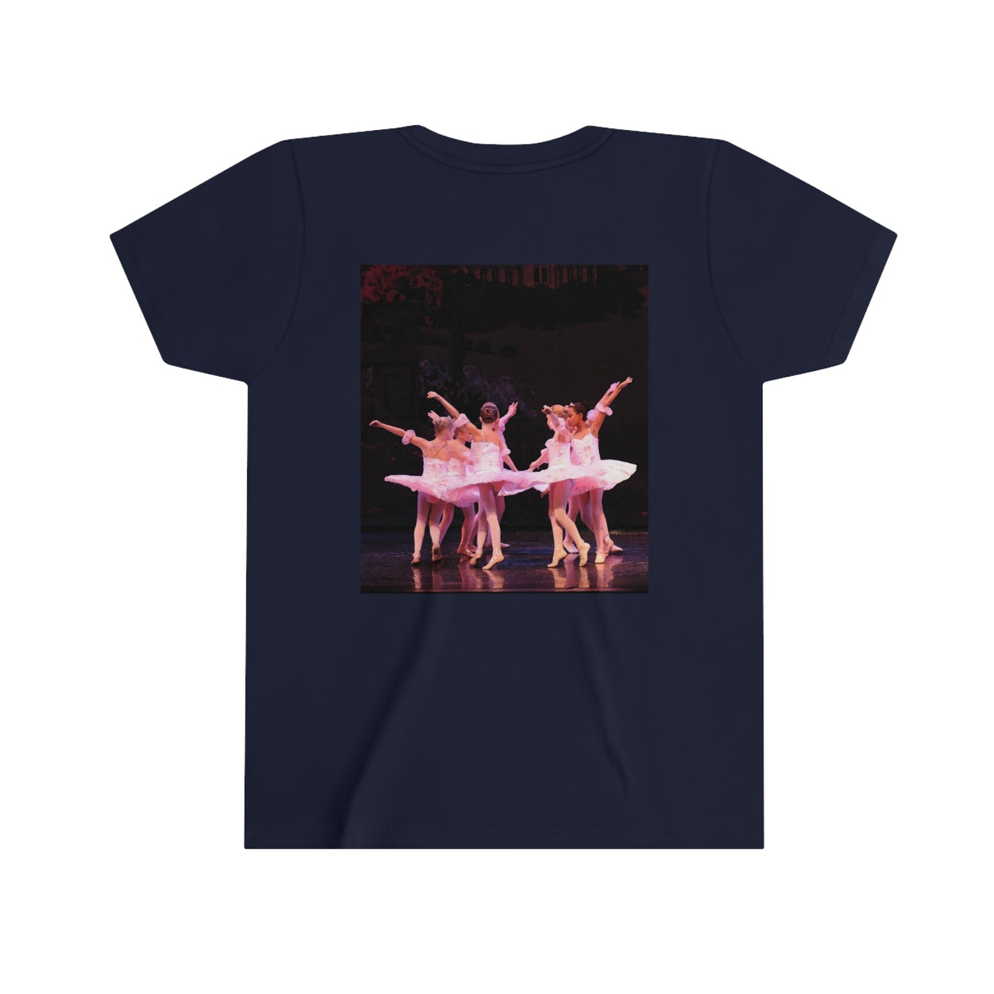 back side of navy blue tee shirt with little ballerinas dancing in a circle wearing pink tutus