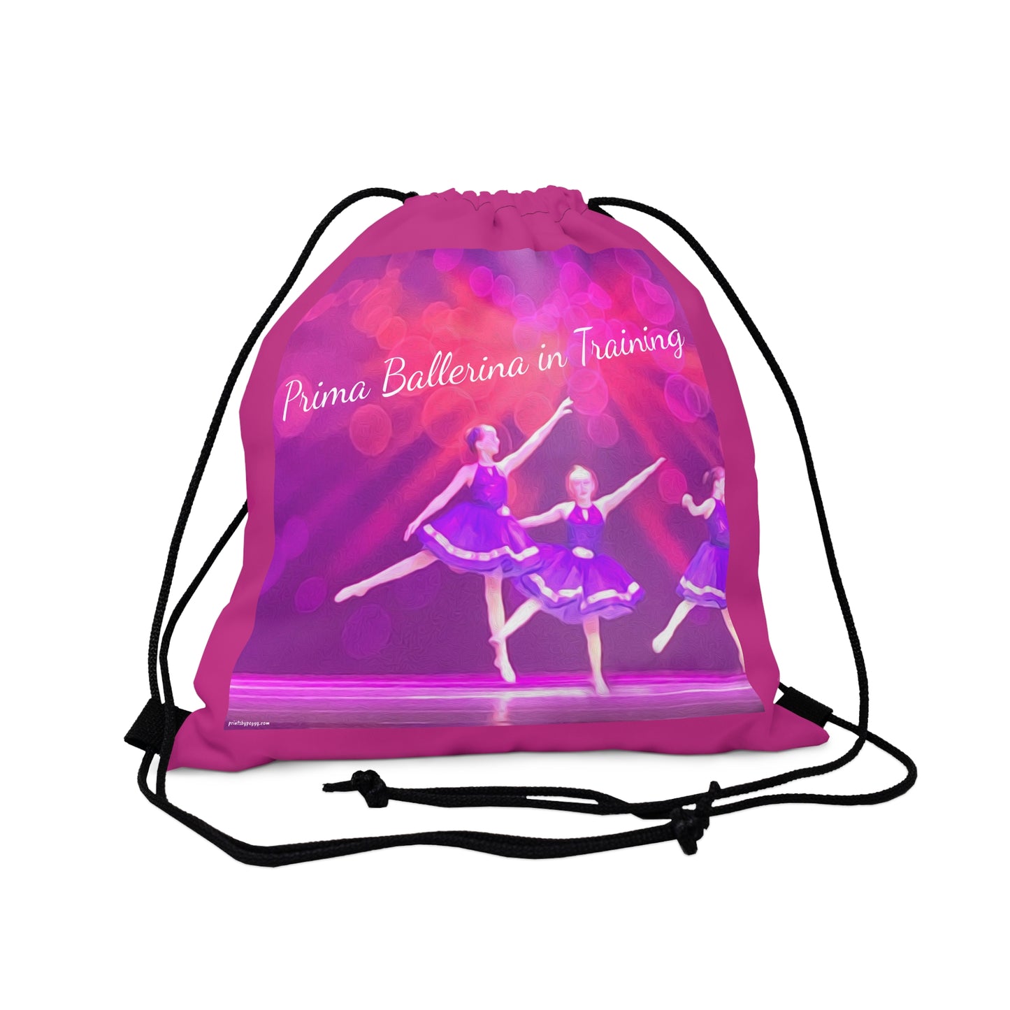 Hot pink drawstring bag text saying Prima Ballerina in Training with youth dancers in purple ballet costumes