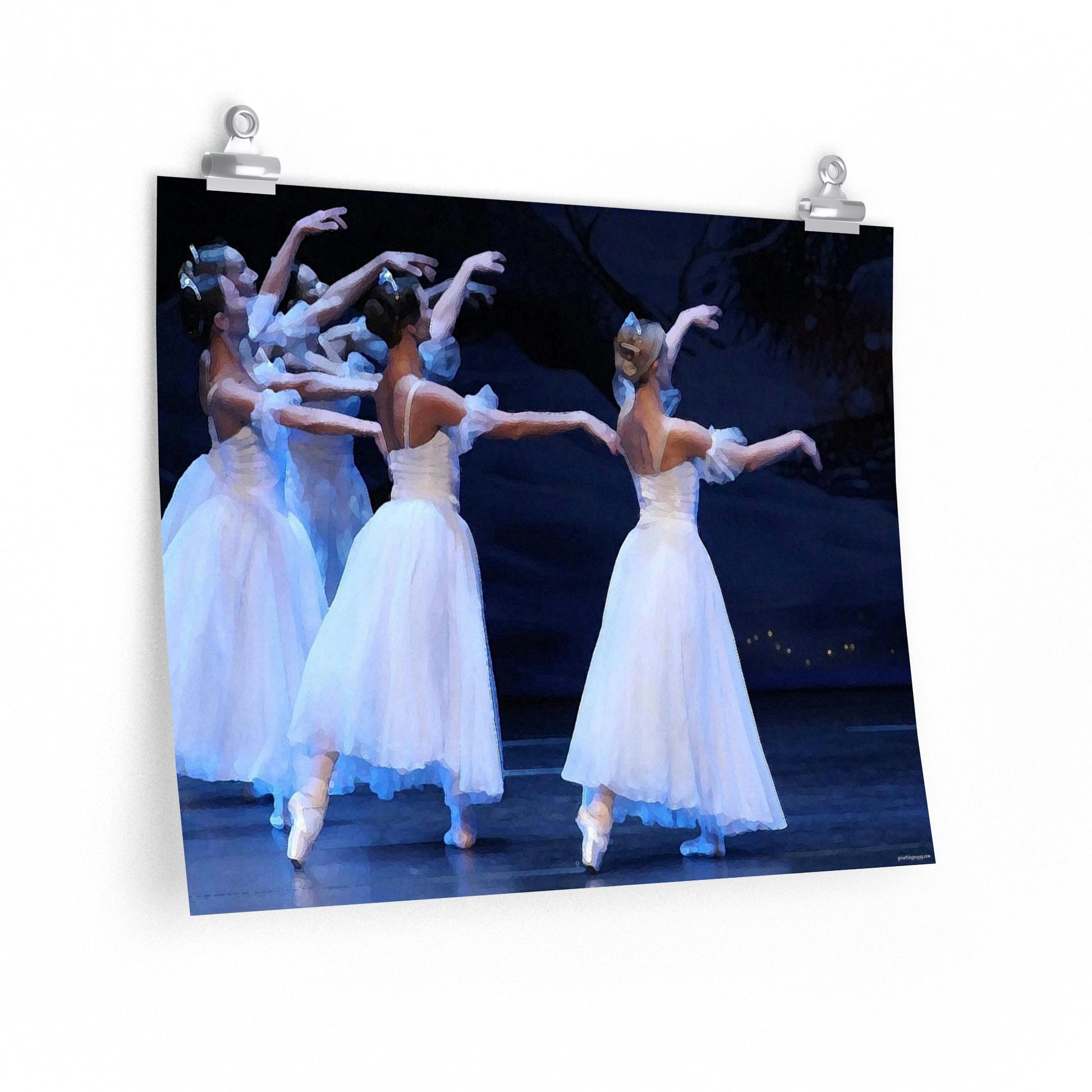 multiple female dancers in white flowing costumes with a dark background on a premium matte poster.