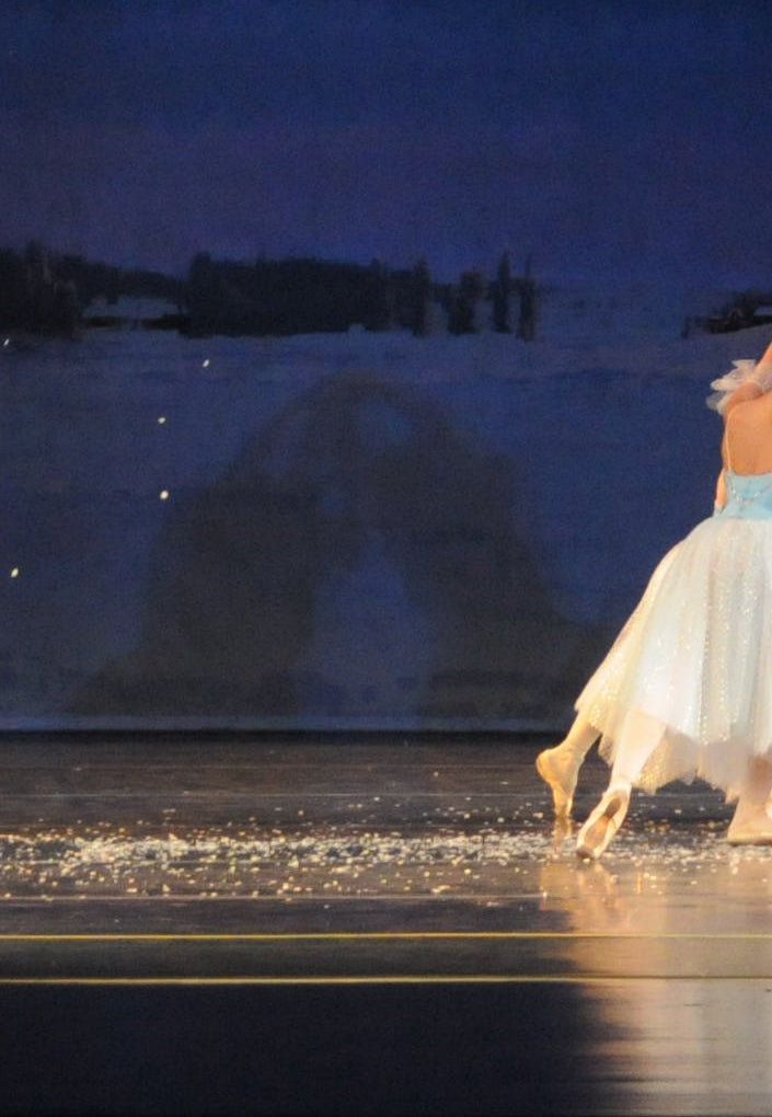 detail section of the painting showing the group's shadow on the backdrop, snow on the stage and part of their dresses