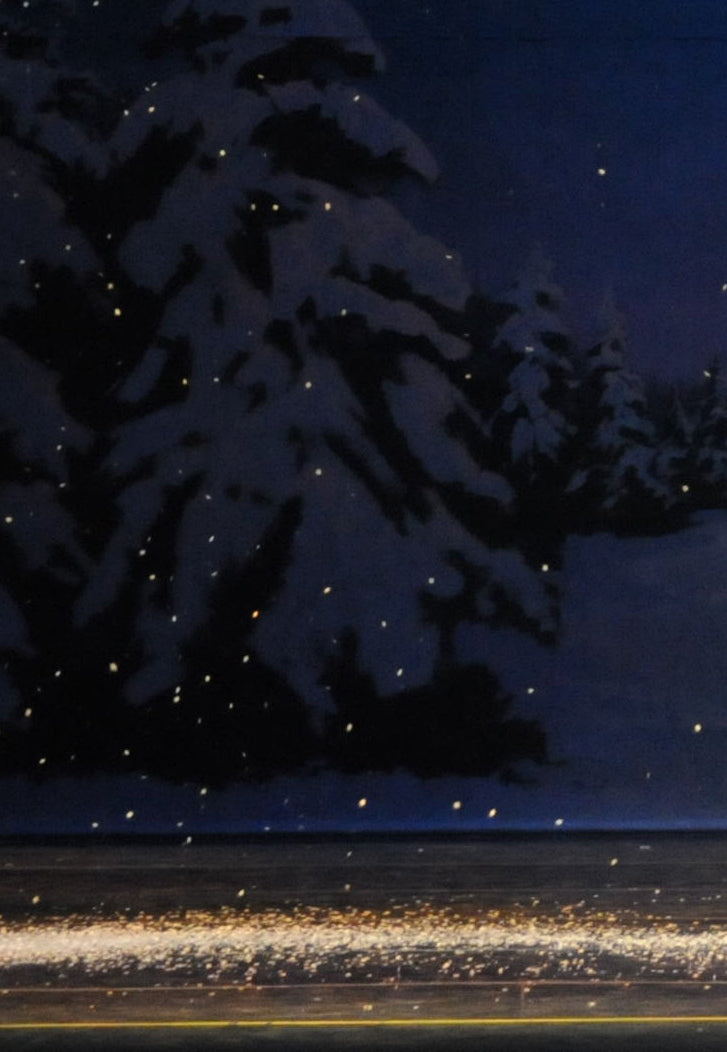 closeup detail of the winter backdrop and snowflakes falling on the stage floor