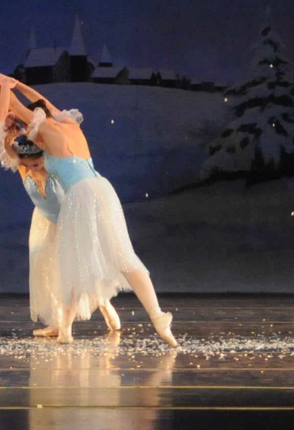 detail section of the painting of the back of one of the dancers dressed in blue and white costumes with winter background and snowflakes falling