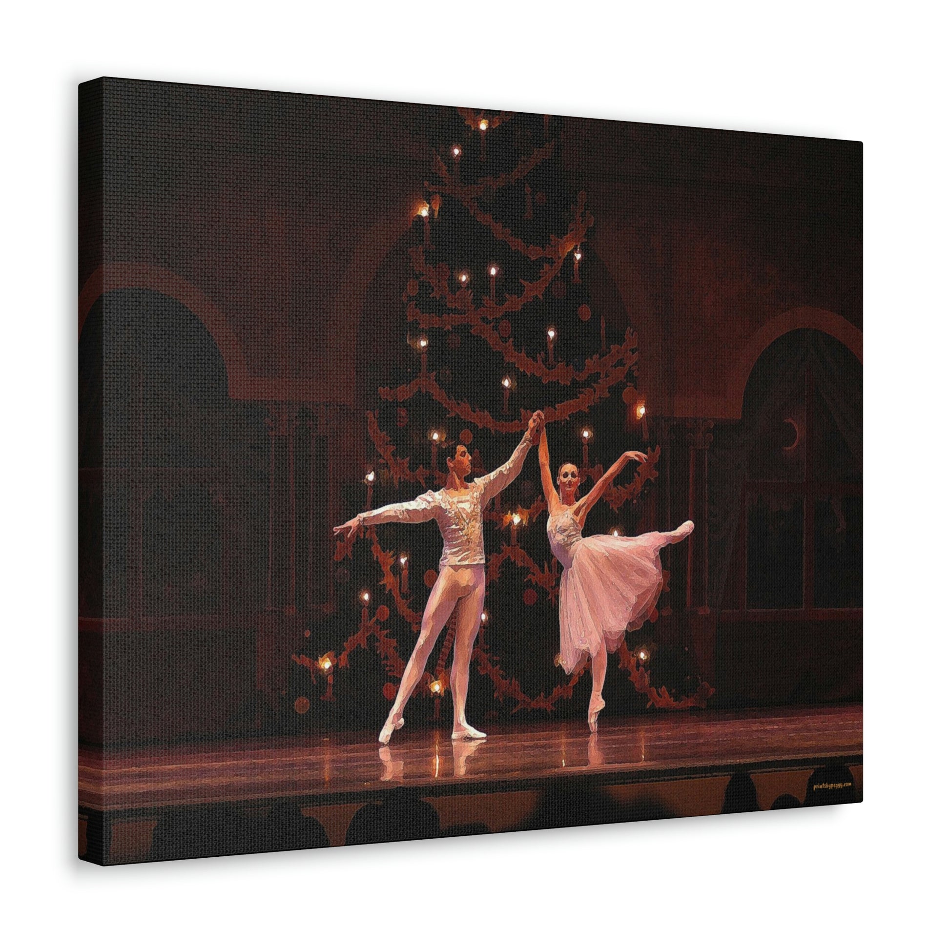 A Canvas Gallery Wrap hanging on a white wall of a Ballet couple dancing in a Nutcracker performance on stage