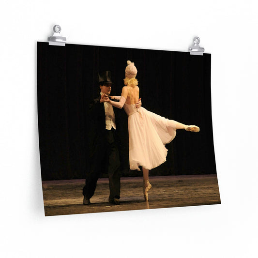 poster of a Ballet couple performing Gerschwin dressed in black and white on a dark stage