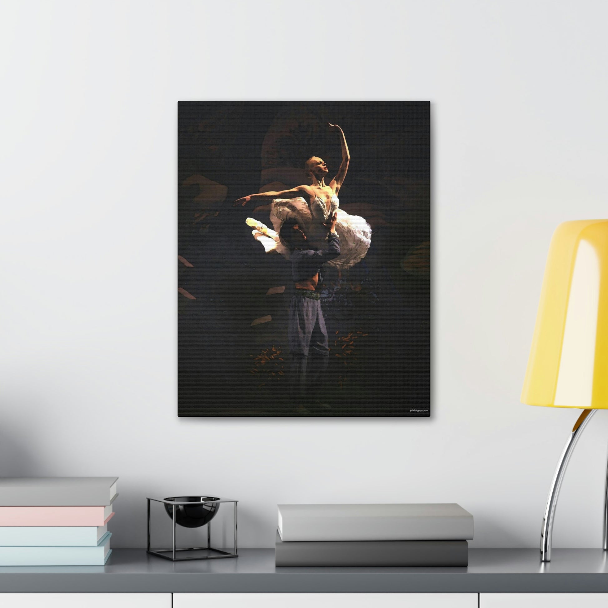 a ballet dance art painting on a wall over a desk of a couple performing on stage on a dark backdrop of him lifting her in a dramatic pose