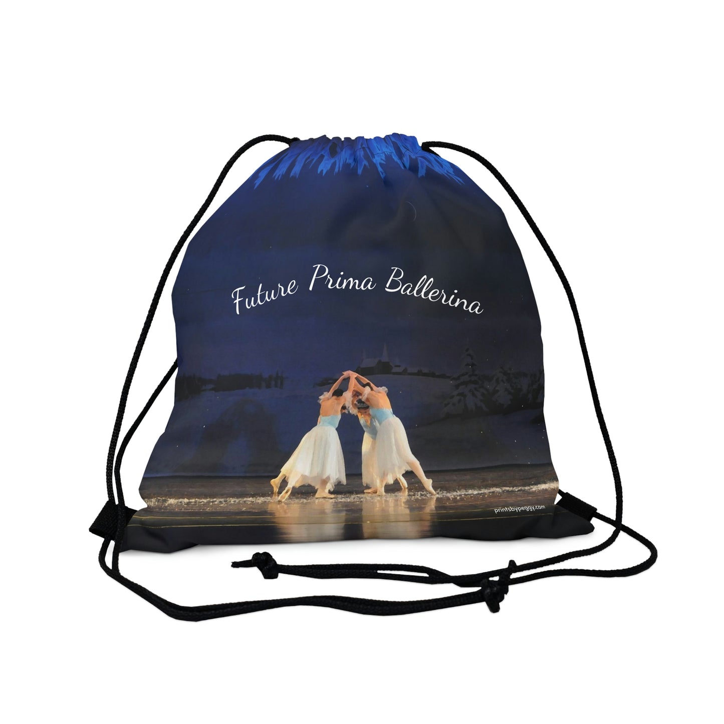 Front printed side of drawstring bag with drawstring pulled tight