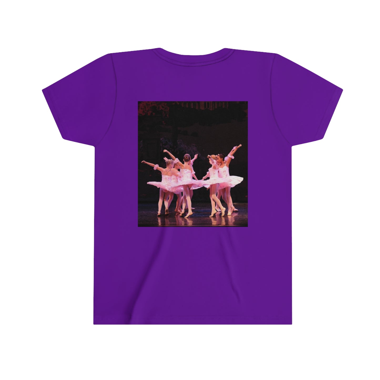 back view of purple tee shirt with little ballerinas pictured dancing in a circle in pink tutus