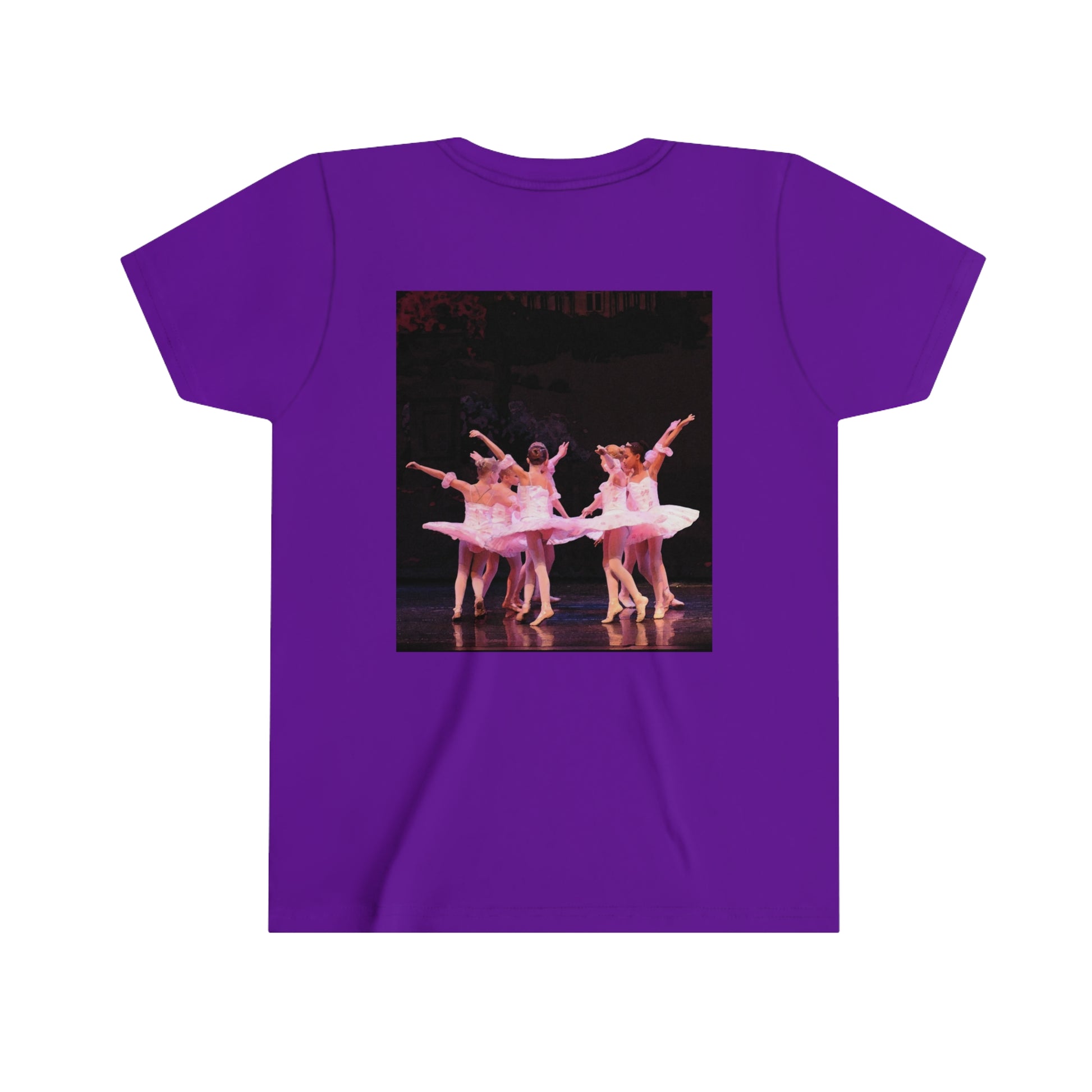 back view of purple tee shirt with little ballerinas pictured dancing in a circle in pink tutus