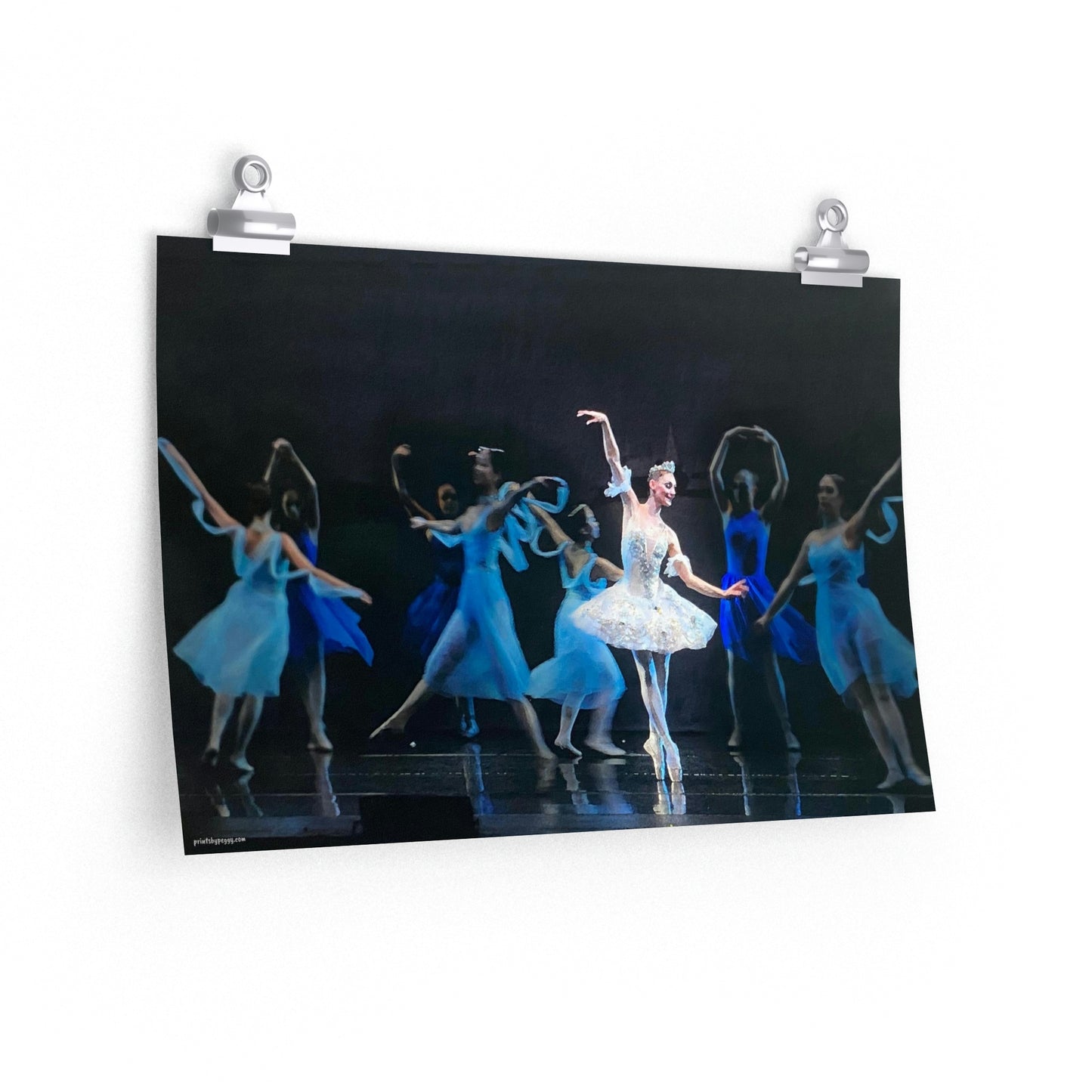 Poster of a Prima Ballerina and 8 girls performing on a dark stage. Dancers are wearing dark and light blue costumes and prima ballerina dressed in white.