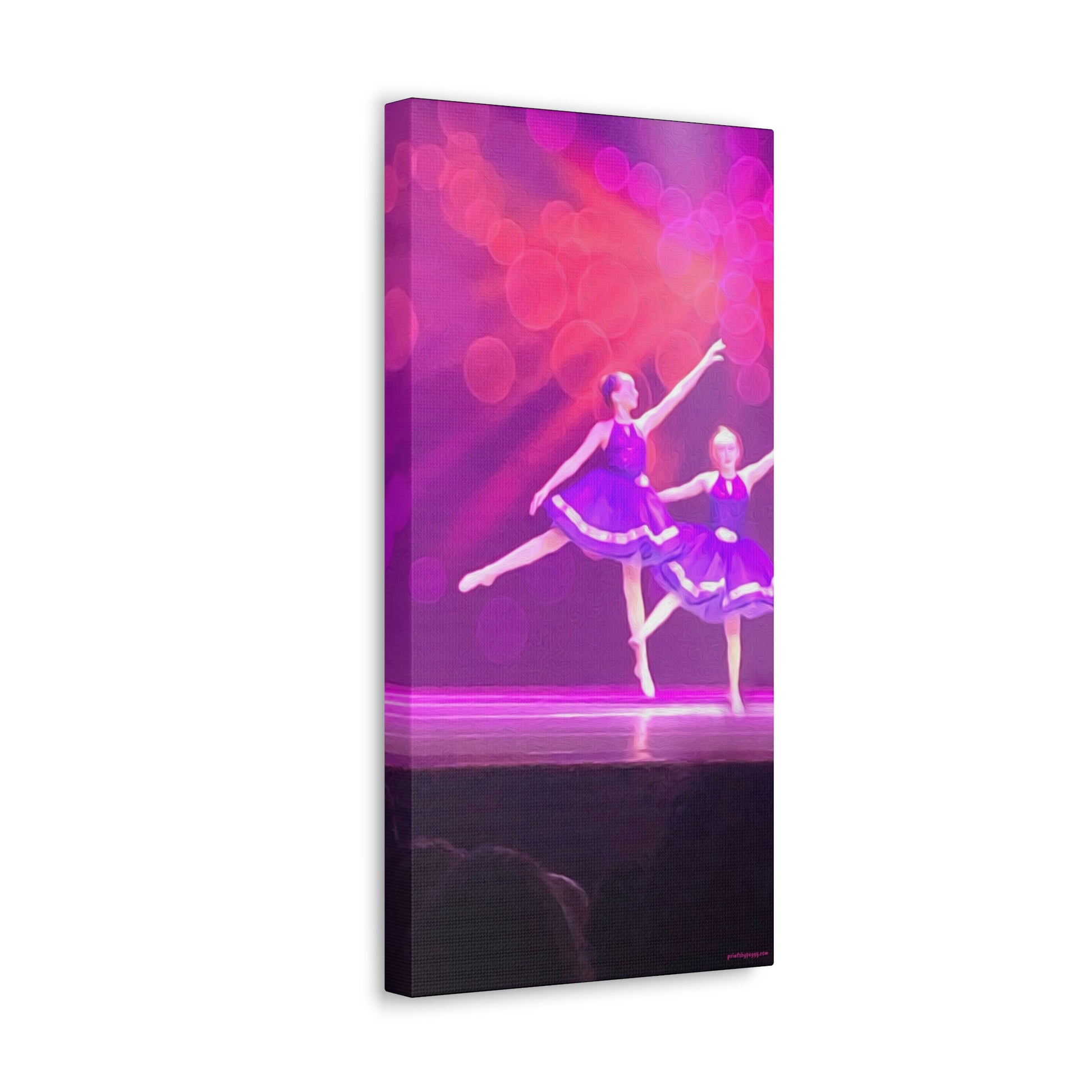 Canvas print of artwork of Young female ballet dancers in purple against a backdrop of purple and hot pink