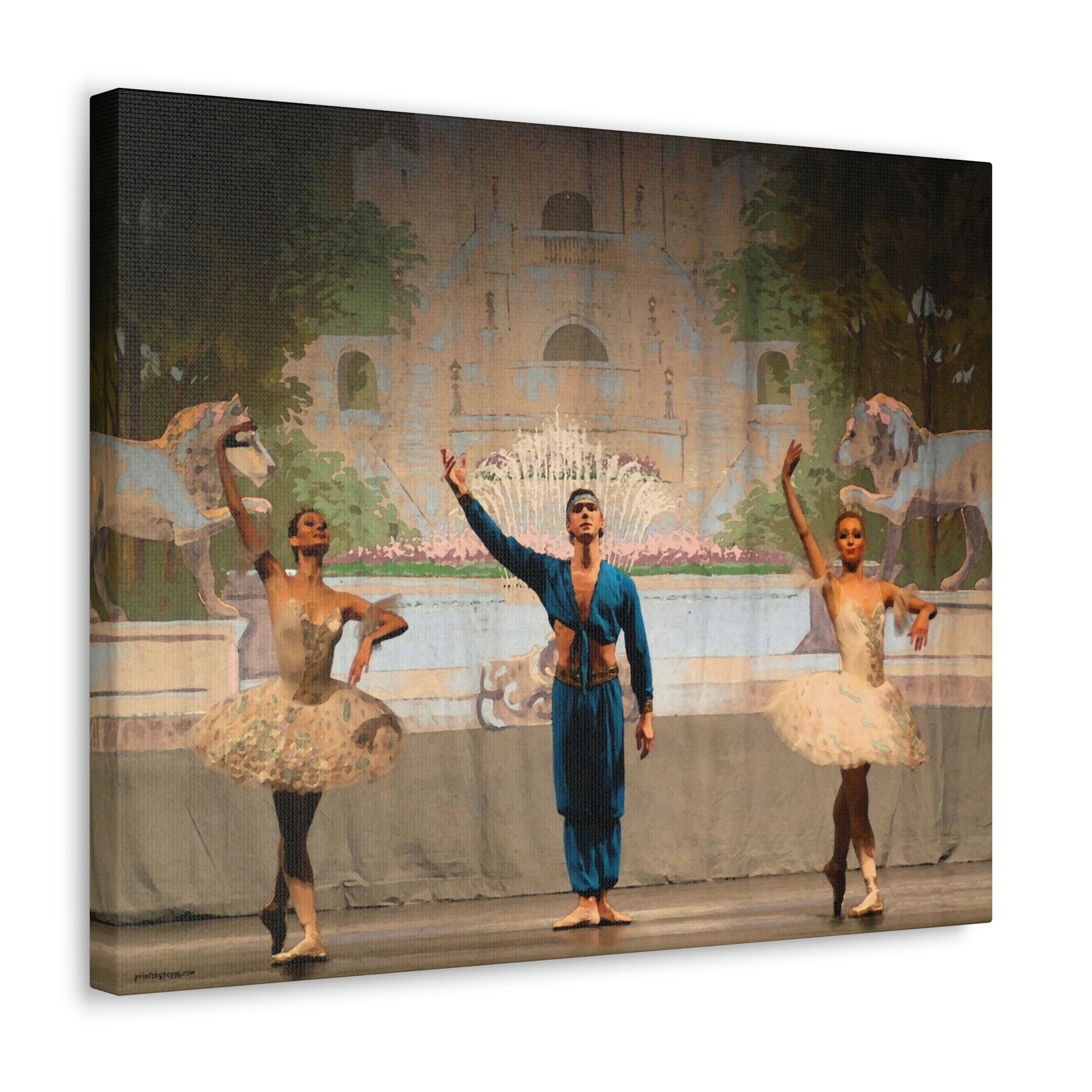 painting of 3 dancers from a Nutcracker performance. Two female dancers with a male dancer in the center. Arabian scene.