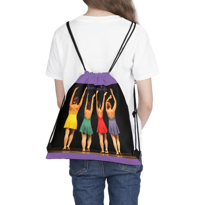 purple drawstring bag with modern dancers in multicolored costumes text says Dance is my life