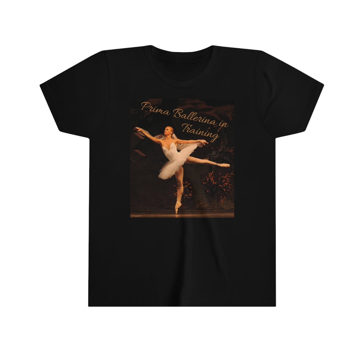 black tee shirt with a ballerina pictured and text saying 'Prima Ballerina in Training'