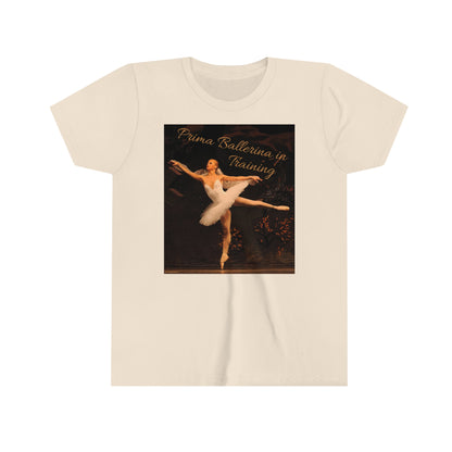 off white tee shirt with a ballerina pictured and text saying 'Prima Ballerina in Training'