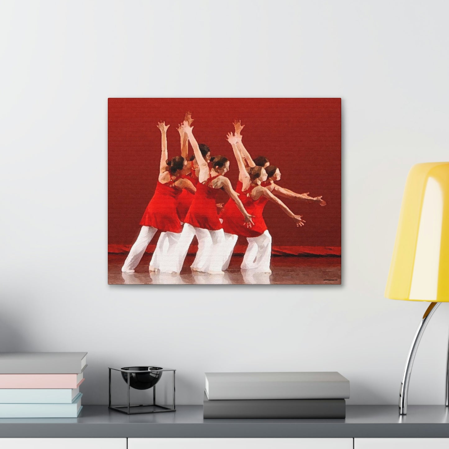 Canvas print of artwork of modern dancers dressed in red and white costumes shown from rear