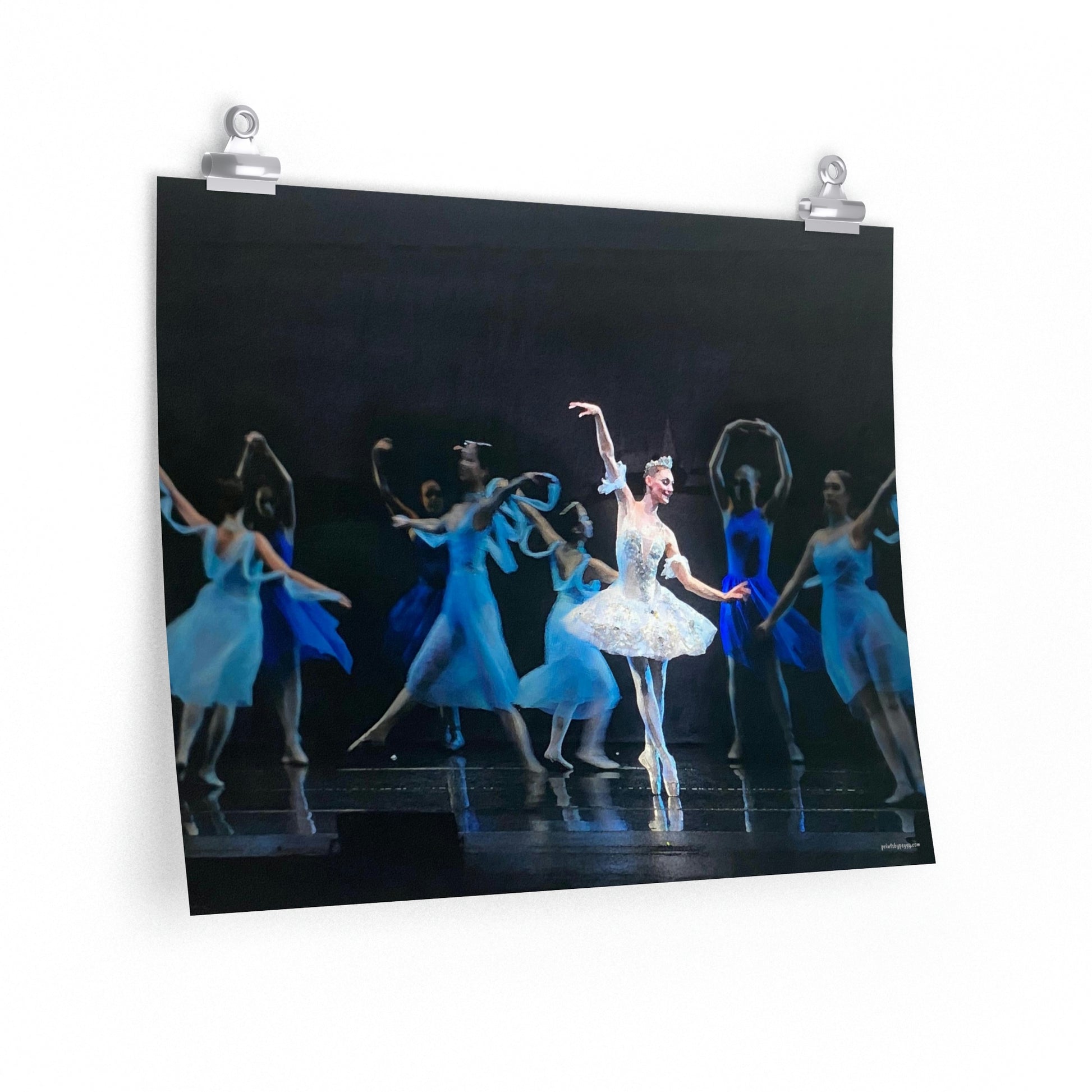 poster in a different size hanging on a wall of ballerinas in bright blue, light blue and prima ballerina in white